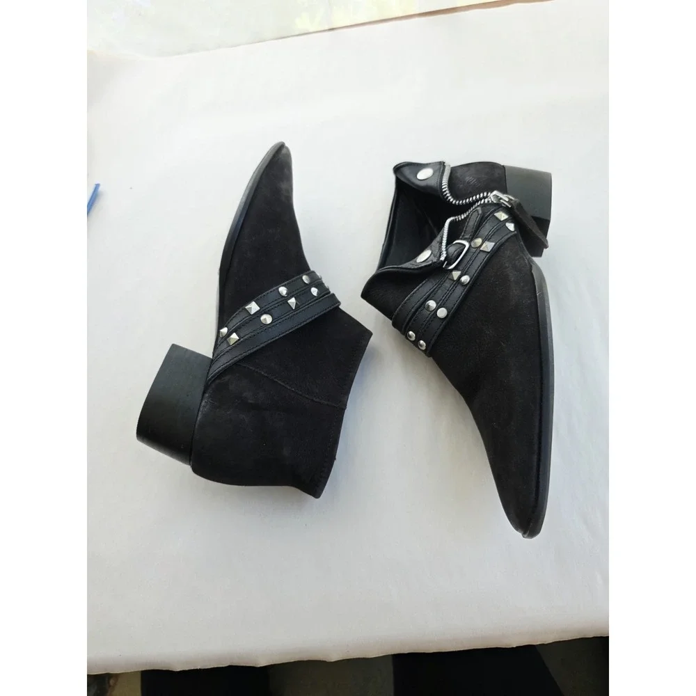 Free People Chesa Black Suede Leather Studded Low Bootie Size 37 US 7 NEW Grunge